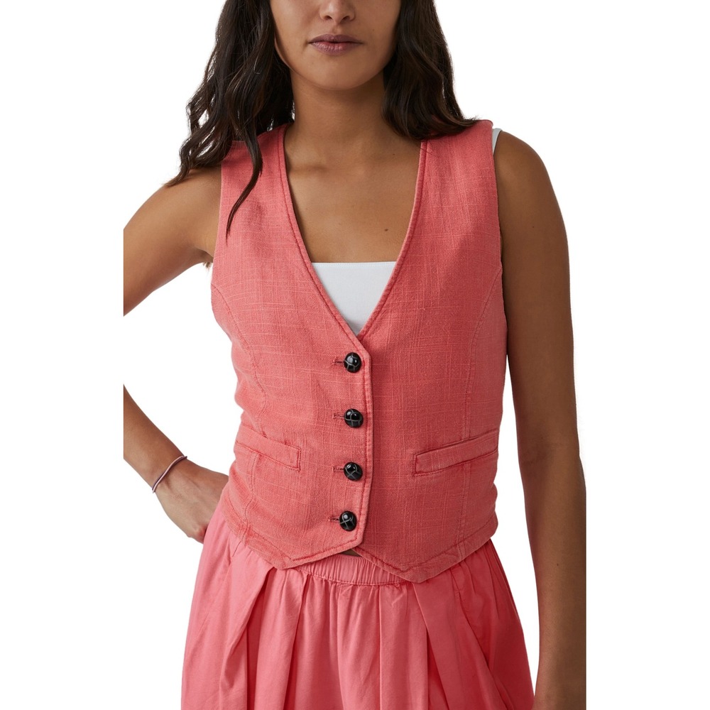 Free People Charley Coral Pink Button Front Waistcoat Vest Size S